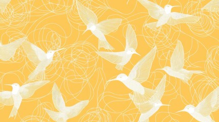 Fototapeta premium White Hummingbirds Abstract Pattern with Yellow Background.