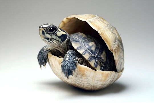 Adorable baby turtle emerging from its eggshell on a clean background