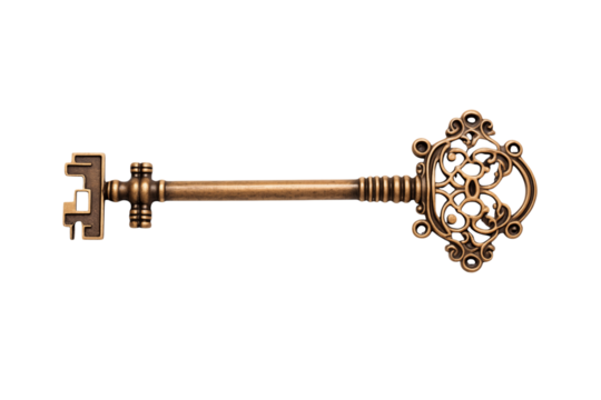 Ornate antique-style key with detailed symmetrical bow design, straight shaft with ridges, rectangular notched bit png on transparent background
