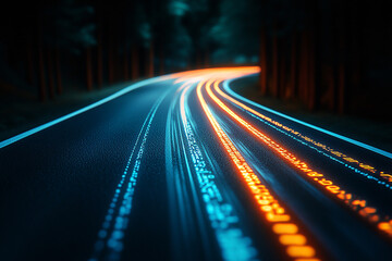 Fototapeta premium Nighttime view of a winding road illuminated by vibrant light trails from passing vehicles