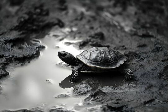 Monochrome image of a turtle wading in muddy water demonstrating wildlife adaptation