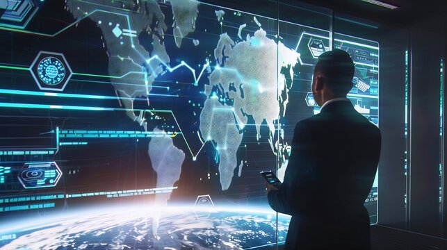 High tech market entry strategy visualization showcasing futuristic international expansion models trade regulations investment strategies