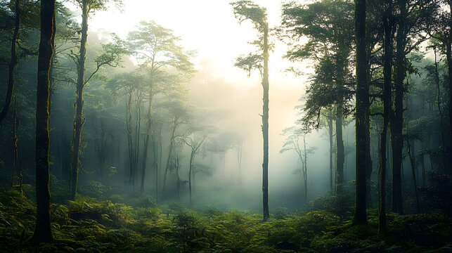 An atmospheric International Day of Forests setting with towering trees and wildlife against a misty morning forest backdrop, macro shot, 