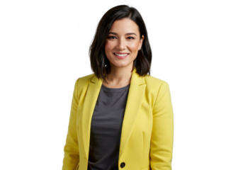 A professional woman with shoulder-length dark hair, wearing a yellow blazer over a dark gray shirt isolated on White background