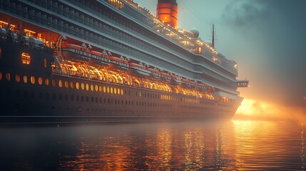 Fototapeta premium Majestic cruise ship at dawn, shrouded in mist