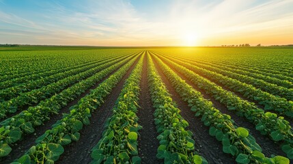 Vast rows of lush green crops extending towards a glowing setting sun in a stunning agricultural landscape filled with vibrant colors and serenity