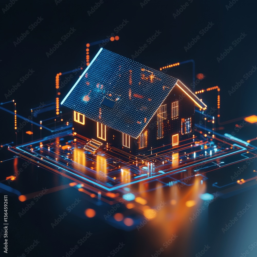 Poster a 3d rendering of a futuristic smart home controlled by ai.