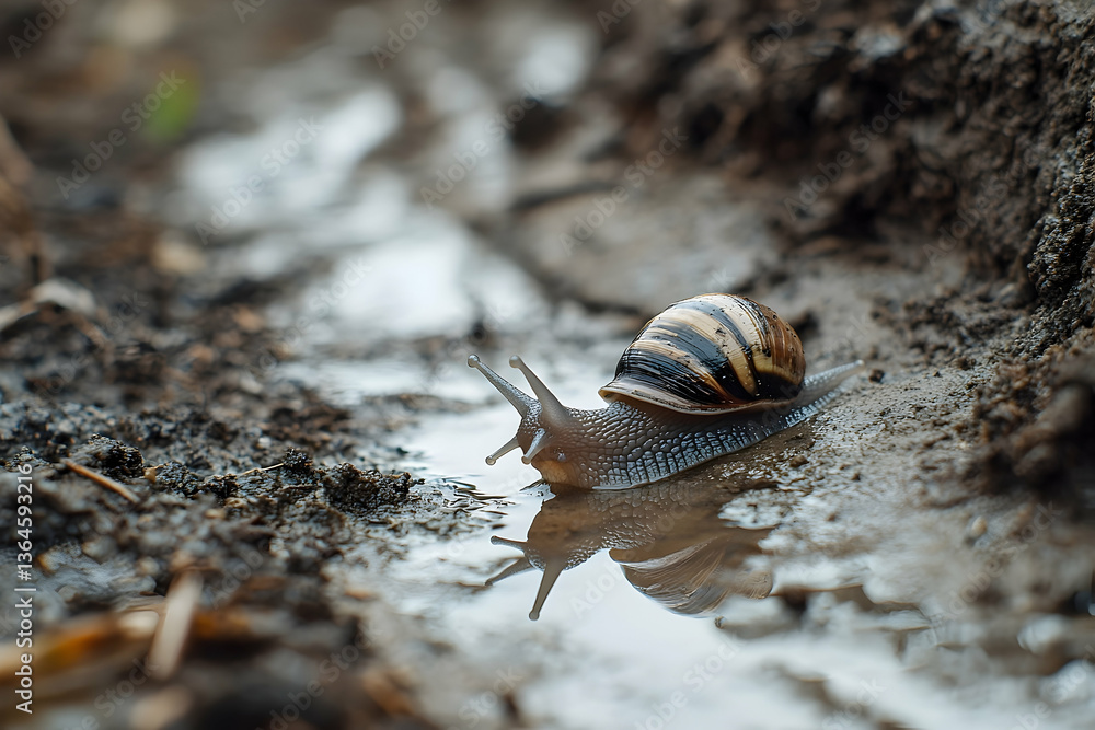 Poster macro shot of a snail crawling in the mud after the rain creating a mesmerizing reflection in a pudd