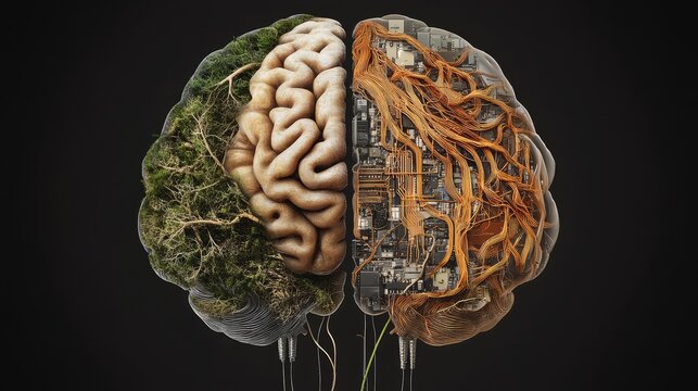 Digital brain with half composed of circuits and technology, the other half organic with nature elements, symbolizing diverse cognitive approaches.