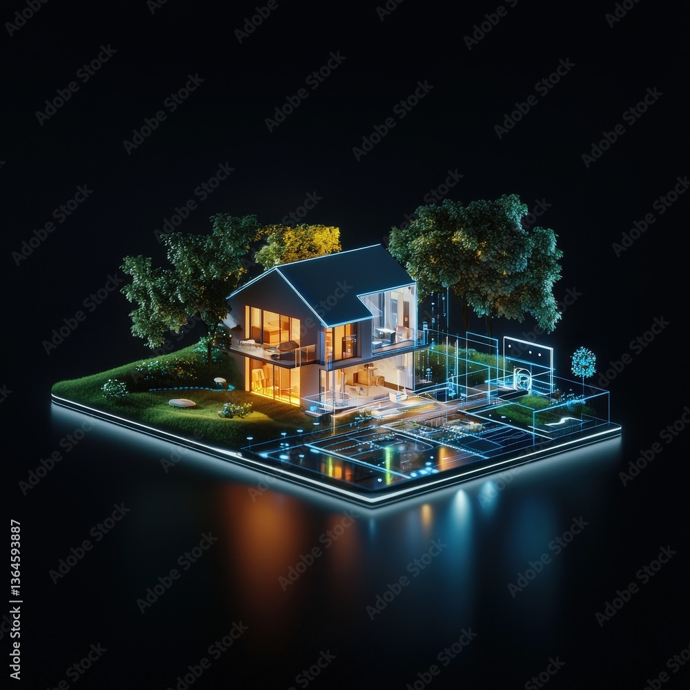 Poster a 3d rendering of a futuristic smart home controlled by ai.
