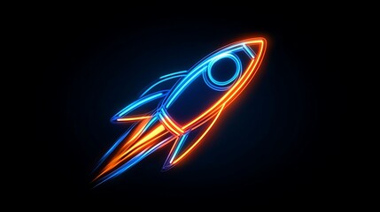 Glowing neon rocket icon in blue and orange with illuminated trails on dark background

