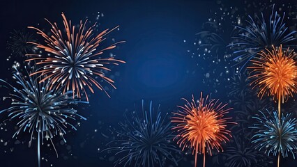 A dark blue background features stylized fireworks in red,