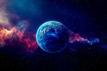 Fototapeta premium A digital image of a planet in a colorful nebula, capturing a cosmic and abstract feel. Perfect for space and science visuals.