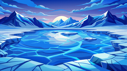 vector of mesmerizing frozen lake where deep blue ice reveals intricate cracks under a clear winter sky