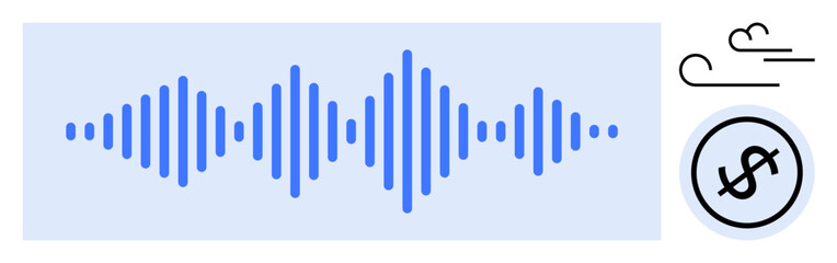 Obraz premium Blue audio waveform accompanied by dollar sign circle and sound lines. Ideal for audio branding, podcasting, monetization, sound design, music production, technology, marketing. Flat simple metaphor