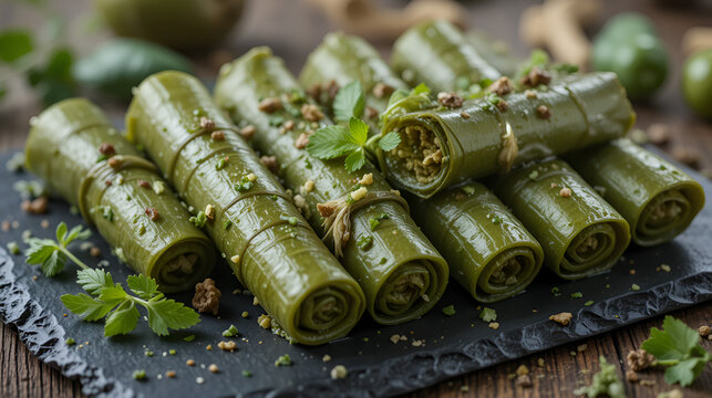 Artfully arranged fresh dolmas on a slate platter, garnished with herbs and natural elements.