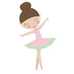 Cartoon illustration of a cute little ballerina girl with brown hair in a bun and a pink tutu on a white background.