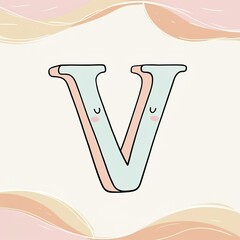 A whimsical hand-drawn clip artwork of an smiling face of a big letter V on a crisp white background, created in a vector style with bold lines, soft curves, and delicate textures. Pastel creamy card	