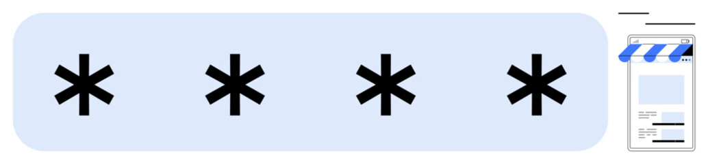 Four asterisks symbolize hidden password input, next to a small store icon with a receipt display. Ideal for security, privacy, e-commerce, login, authentication, online shopping, flat simple