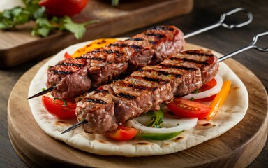 Two grilled meat skewers are presented atop a warm pita bread, layered with fresh slices of tomato and onion.