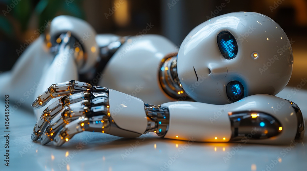 Aufkleber robot with human-like features lying down, glowing blue eyes and futuristic design inside modern set