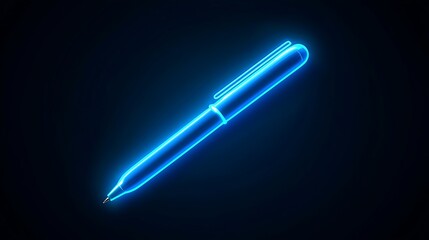 Glowing neon pen icon in blue with radiant strokes on dark background

