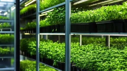 Fototapeta premium Futuristic Indoor Vertical Farm: Multi-layered Design Showcasing Sustainable Agriculture Innovation