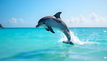 A playful dolphin leaping from the ocean with splashes.