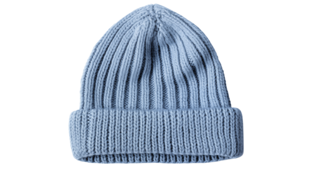 Light blue ribbed knitted beanie hat with folded brim png on transparent background