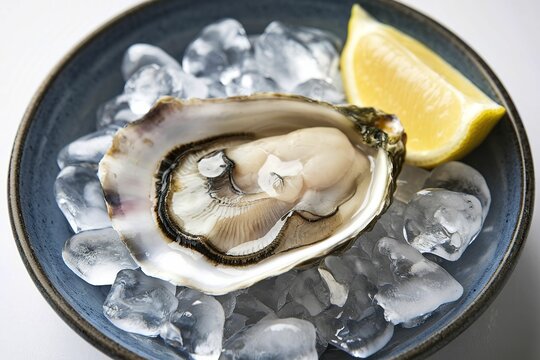 A photo of a plate with a raw and fresh oyster shell with lemon on ice