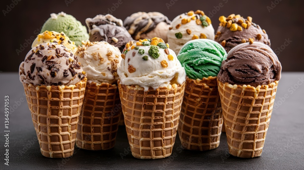 Poster close-up shot of twelve colorful ice cream scoops in waffle cones with diverse flavors and delicious