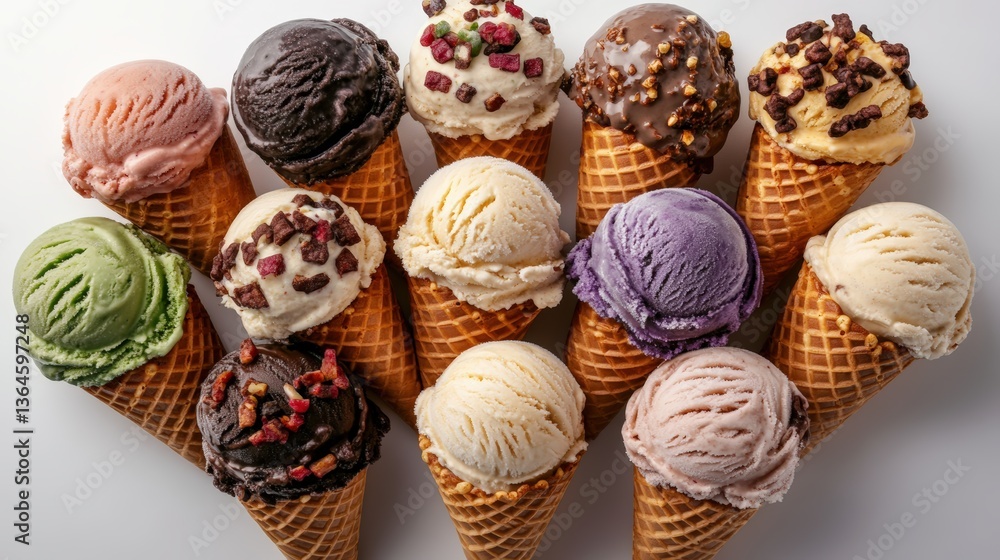 Poster a colorful array of fourteen ice cream cones loaded with vibrant flavors artfully displayed on a pri