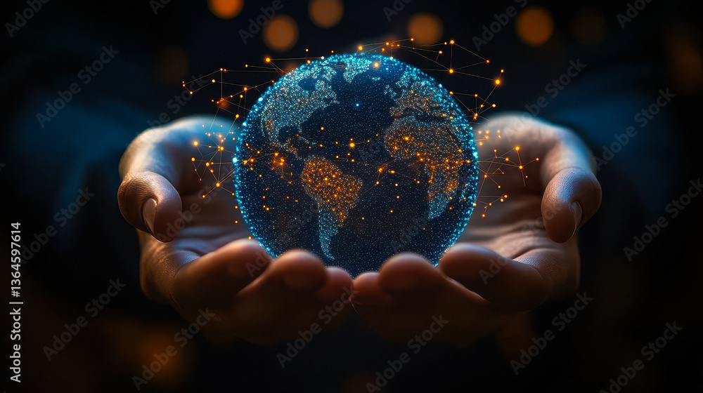 Poster hands holding globe with global network connections and innovative technologies for science and comm