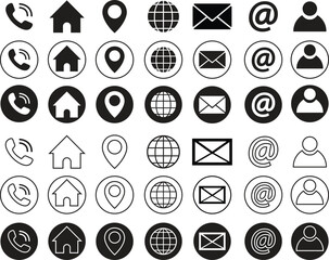 Business icons for company. Web flat, outline icons set. Phone, name, website, address, location and mail logos pack. Contact information vectors for business cards isolated on transparent background.