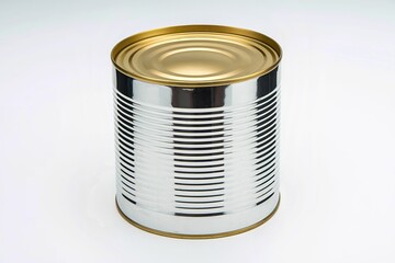 A photo of a metallic cylindrical tin can with a shiny surface