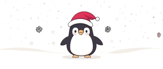 Cute Penguin in Santa Hat Snow Scene