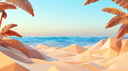 Low-poly 3D render of a tranquil beach scene with palm trees and ocean.