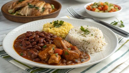 Rice, beans and stew with mofongo on a white plate – Arroz, habichuelas y guiso con mofongo en plato blanco