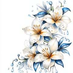 Fototapeta premium Elegant Watercolor Lilies with Dewdrops Corner Floral Arrangement