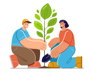 Team of ecology activists planting tree. Ecological lifestyle concept. Volunteering, green environment flat illustration