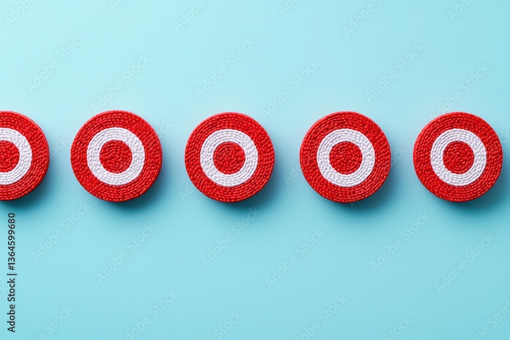 Poster row of red and white circular targets on light blue background achieving goals with precision in stu