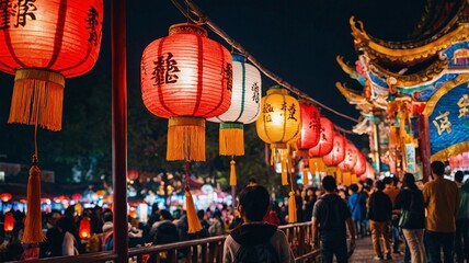 A vibrant night scene featuring colorful lanterns illuminating a festival, with a person gazing at the view.