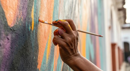 Artist painting colorful mural with brush on outdoor wall