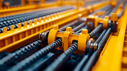 A close-up view of industrial machinery featuring yellow components and intricate chain mechanisms, emphasizing the complexity of engineering.