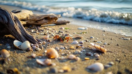A sandy beach with small crabs crawling near scattered seashells and driftwood. 