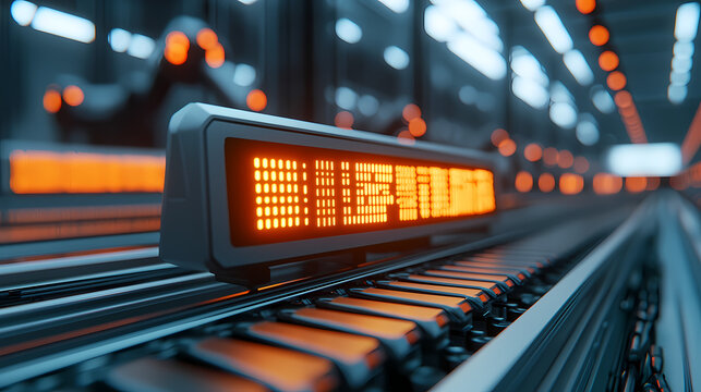 A futuristic digital display on a conveyor belt, illuminated by orange lights, in a high-tech environment.