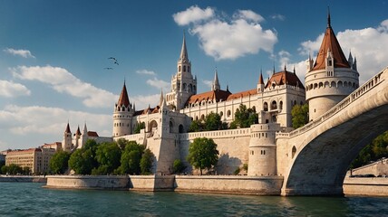 Stunning view of a historic castle with spires by the river under a bright blue sky, reflecting architectural elegance.