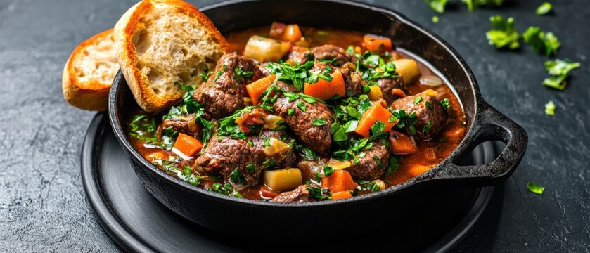 Hearty beef stew with rich carrots and potatoes served in a cast iron pot alongside crusty bread creating a warm and comforting meal for all diners