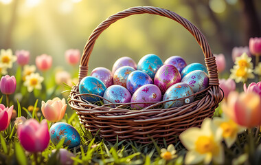 A beautifully woven wicker basket filled with vibrant Easter eggs, each one hand-painted with intricate patterns, shimmering metallic hues, and whimsical pastel swirls. 