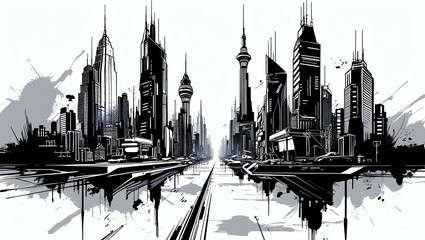 Fototapeta premium Urban Sketch: A Monochromatic Metropolis